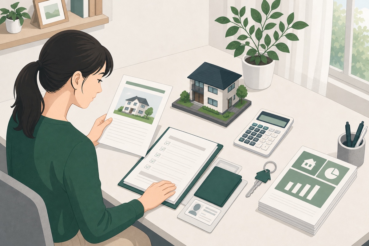 住宅ローン申込の書類とチェックリストを整理する人のイラスト