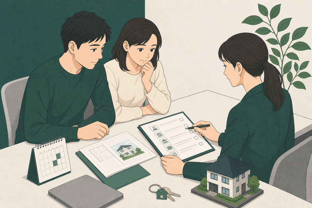 住宅ローンの審査書類を相談員と確認する夫婦のイラスト