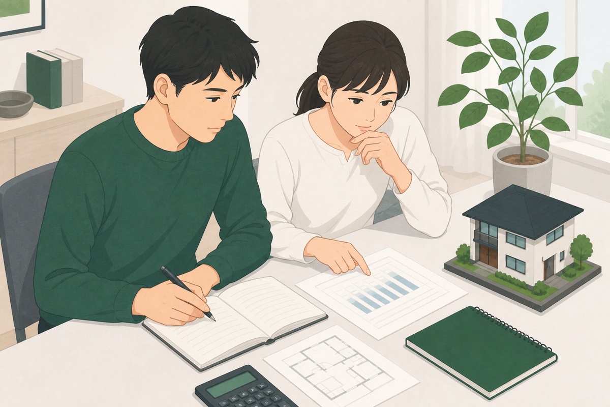 住宅ローンの資料と住宅模型を見ながら資金計画を考える夫婦のイラスト