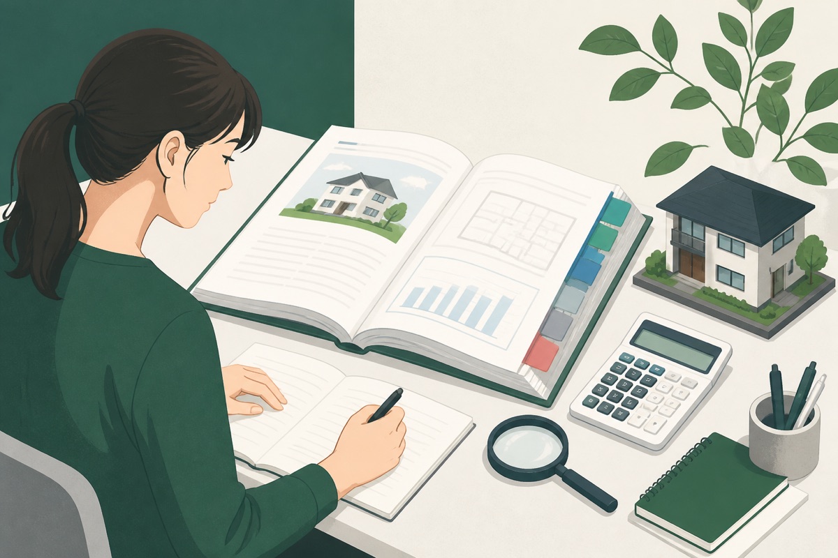 住宅ローンの参考書と住宅模型を使って用語を調べる人のイラスト