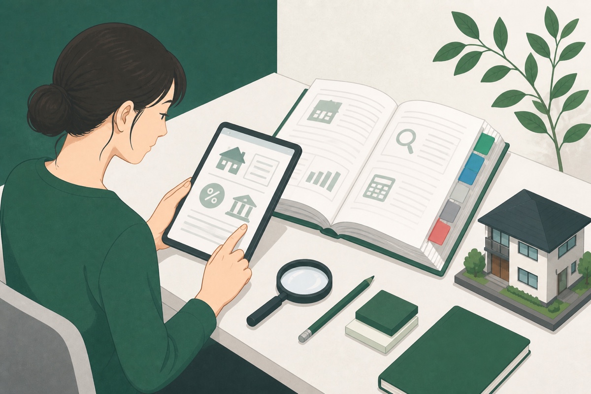 タブレットと索引付きの本で住宅ローン用語を調べる人のイラスト