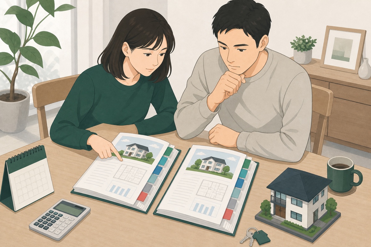 二つの住宅ローンを比較して借り換えを検討する夫婦のイラスト