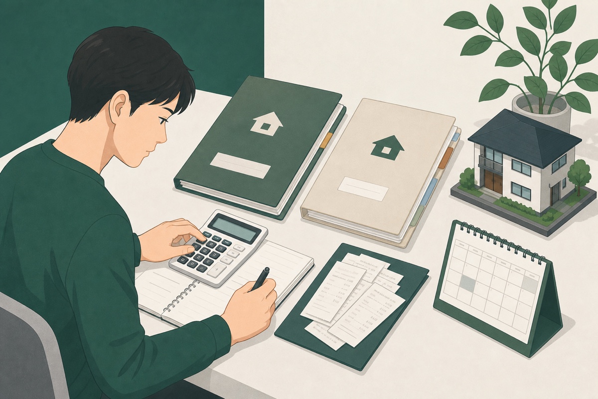 借り換え前後の書類と諸費用を電卓で比較する人のイラスト