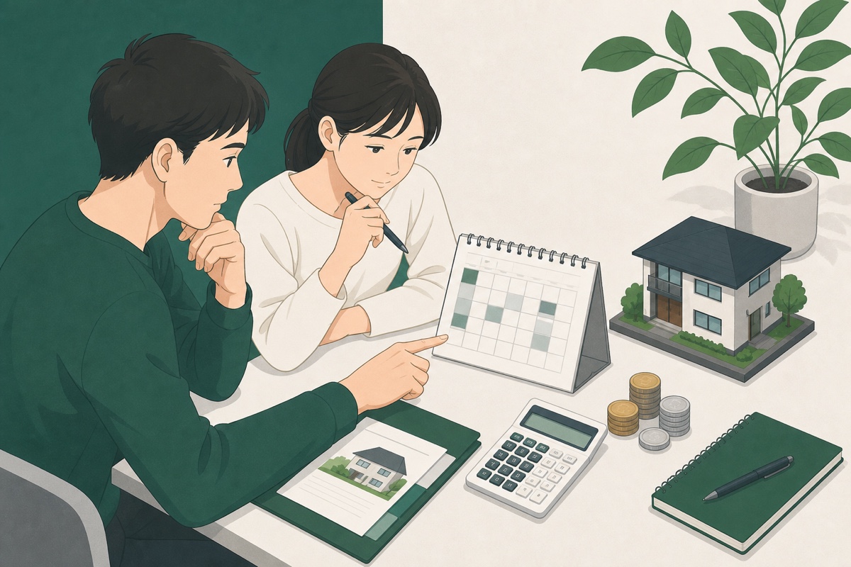 返済予定表と電卓を使って繰上返済を検討する夫婦のイラスト