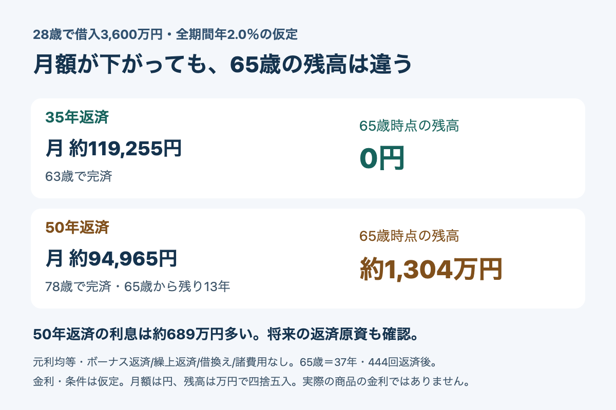 28歳で3600万円を全期間年2.0％で借りる仮定。35年は月約119255円で63歳完済、65歳残高0円。50年は月約94965円で78歳完済、65歳残高約1304万円、残り13年。元利均等、ボーナス・繰上・借換・諸費用なし。