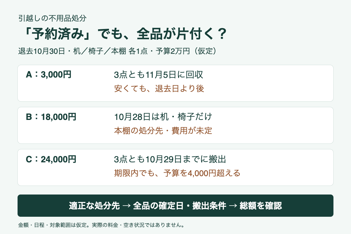 退去10月30日・家具3点・予算2万円の仮定。Aは3千円でも回収が退去後、Bは1万8千円でも本棚が対象外、Cは全品が期限内でも4千円の予算超過。日程・対象範囲・総額をそろえて確認。
